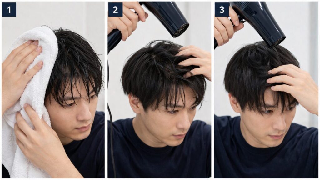 軟毛 おでこ広い メンズ ドライヤー 乾かし方 3ステップ