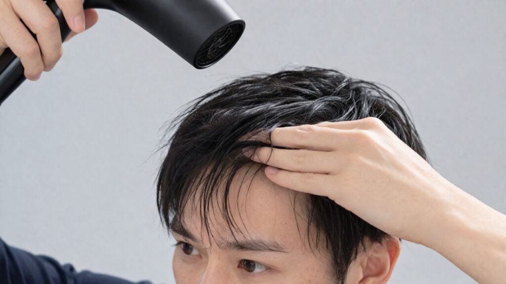 おでこ広いメンズ 前髪 ドライヤー 乾かし方 根元を前に引き出す