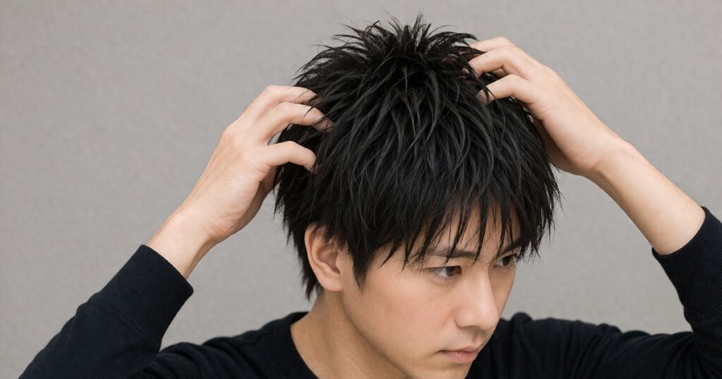 軟毛の男性がマットワックスでトップにボリュームと束感を出してセットしている様子